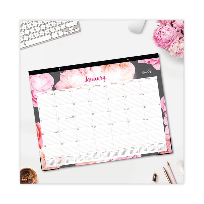 Joselyn Desk Pad, Rose Artwork, 22 x 17, White/Pink/Peach Sheets, Black Binding, Clear Corners, 12-Month (Jan to Dec): 2026