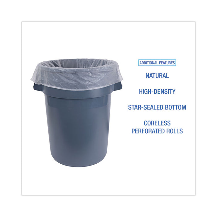 High-Density Can Liners, 45 gal, 10 mic, 40" x 46", Natural, Perforated Roll, 25 Bags/Roll, 10 Rolls/Carton