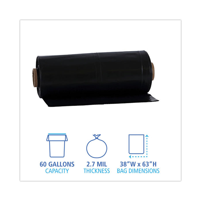 Industrial Can Liner Rolls, 60 gal, 2.7 mil, 21" x 17" x 63", Black, 50/Carton