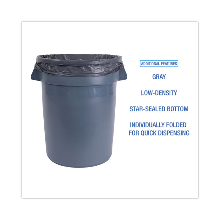 Linear Low Density Industrial Can Liners, 33 gal, 1.3 mil, 33" x 39", Gray, Flat Pack, 100/Carton