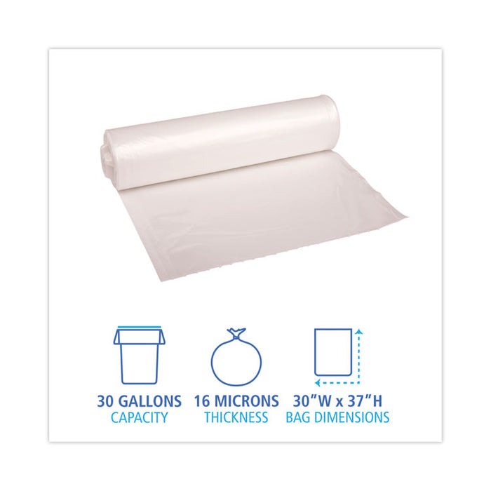 High Density Industrial Can Liners Coreless Rolls, 30 gal, 16 mic, 30" x 37", Natural, Perforated, 25 Bags/Roll, 20 Rolls/CT