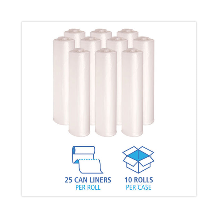 High Density Industrial Can Liners Coreless Rolls, 33 gal, 16 mic, 33" x 40", Natural, Perforated, 25 Bags/Roll, 10 Rolls/CT