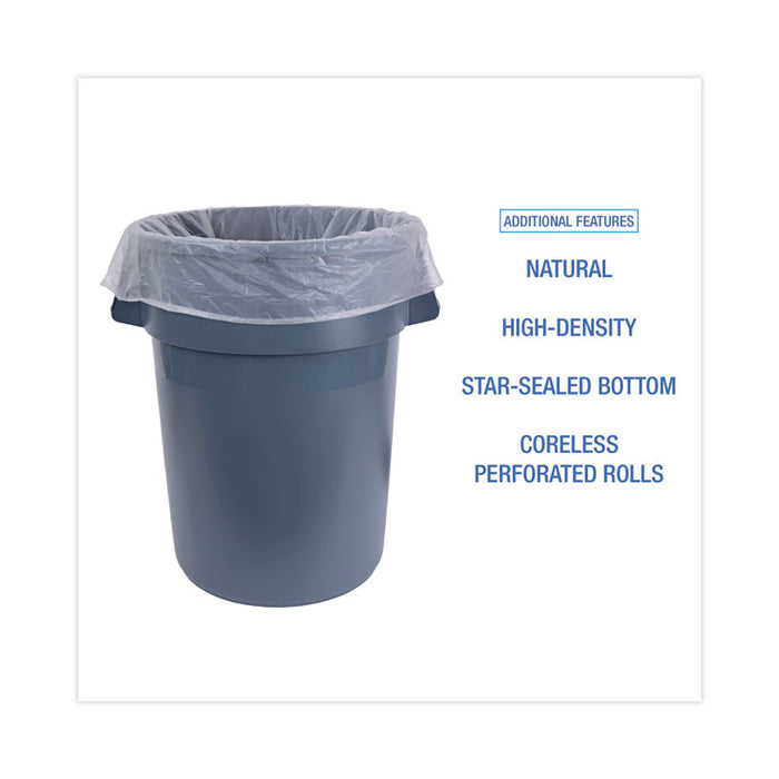 High Density Industrial Can Liners Coreless Rolls, 60 gal, 16 mic, 38" x 60", Natural, Perforated, 25 Bags/Roll, 8 Rolls/CT