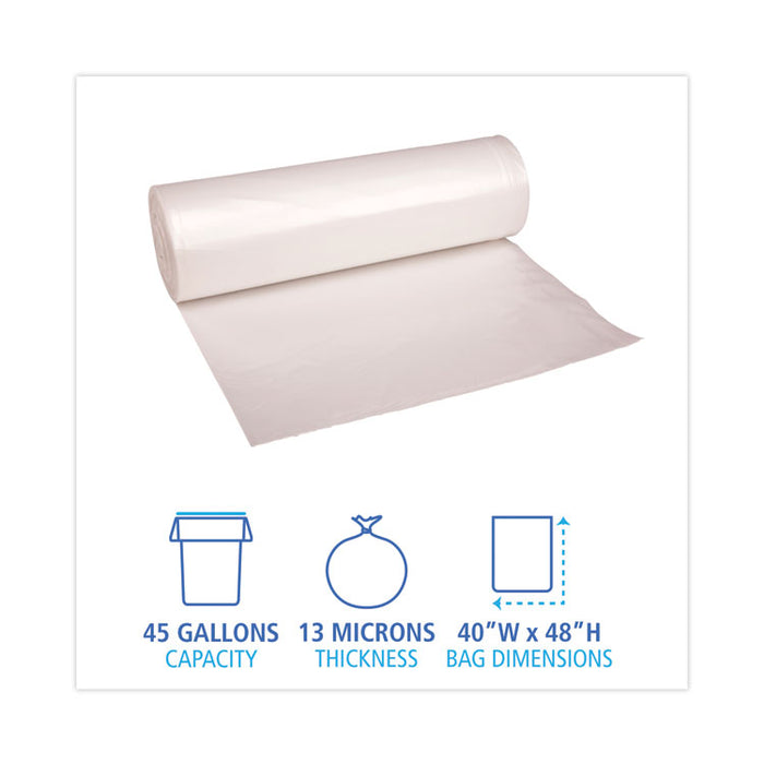High Density Industrial Can Liners Coreless Rolls, 45 gal, 13 mic, 40" x 48", Natural, Perforated, 25 Bags/Roll, 10 Rolls/CT