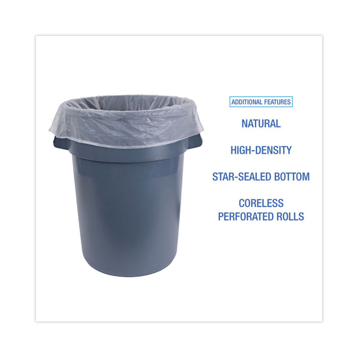 High Density Industrial Can Liners Coreless Rolls, 45 gal, 13 mic, 40" x 48", Natural, Perforated, 25 Bags/Roll, 10 Rolls/CT