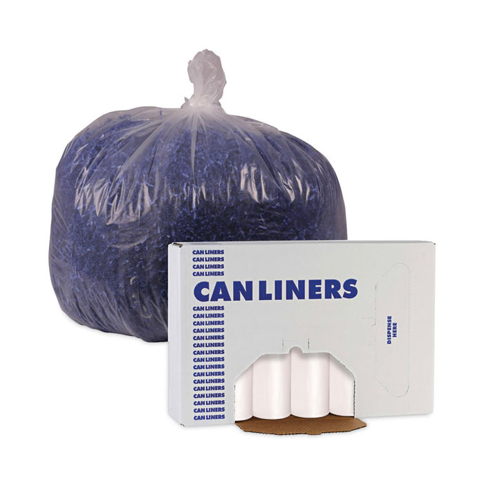 High Density Industrial Can Liners Coreless Rolls, 45 gal, 13 mic, 40" x 48", Natural, Perforated, 25 Bags/Roll, 10 Rolls/CT