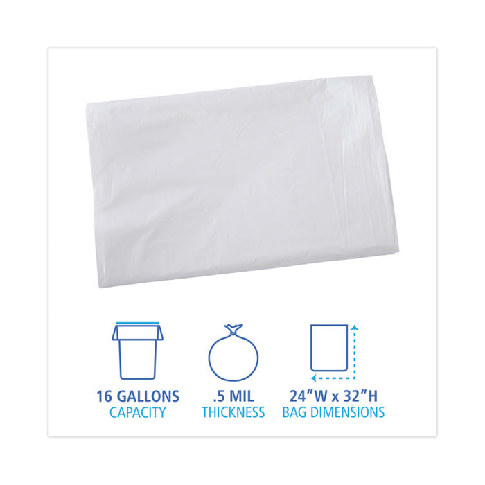 Linear Low Density Industrial Can Liners, 16 gal, 0.5 mil, 24" x 32", White, Flat Pack, 500/Carton
