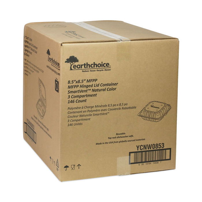 EarthChoice Vented Microwavable MFPP Hinged Lid Container, 3 Compartments, 8.4 x 8.7 x 3.1, White, Plastic, 146/Carton