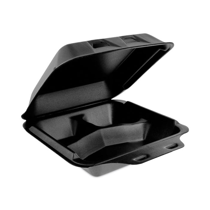SmartLock Foam Hinged Lid Container, Medium, 3 Compartments, 8 x 8.5 x 3, Black, 150/Carton