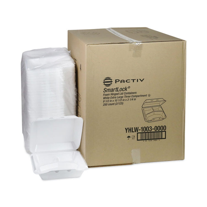 SmartLock Foam Hinged Lid Container, X-Large, 3 Compartments, 9.5 x 10.5 x 3.3, White, 250/Carton