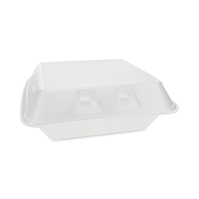 SmartLock Vented Foam Hinged Lid Container, 3 Compartments, 9 x 9.3 x 3.3, White, 150/Carton