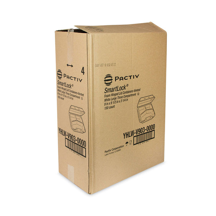 SmartLock Vented Foam Hinged Lid Container, 3 Compartments, 9 x 9.3 x 3.3, White, 150/Carton