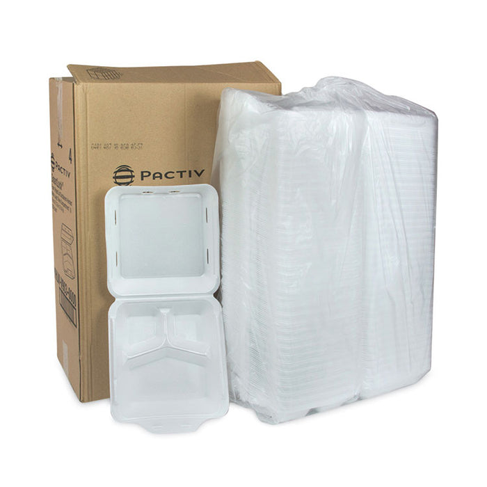 SmartLock Vented Foam Hinged Lid Container, 3 Compartments, 9 x 9.3 x 3.3, White, 150/Carton