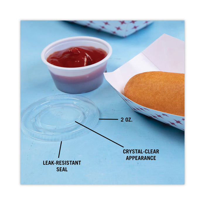 Plastic Portion Cup Lid, Fits 1.5 oz to 2.5 oz Portion Cups, Clear, 100/Pack, 24 Packs/Carton