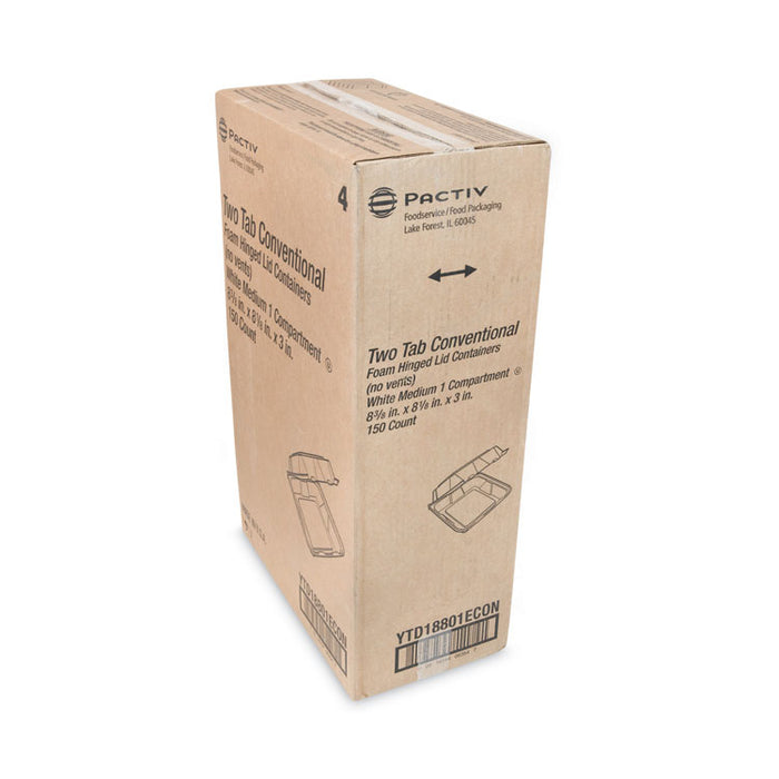 Vented Foam Hinged Lid Container, Dual Tab Lock Economy, 8.4 x 8 x 3, White, 150/Carton