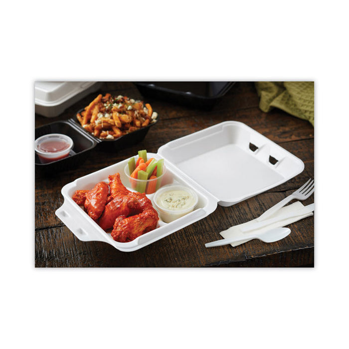Vented Foam Hinged Lid Container, Dual Tab Lock Economy, 3 Compartments, 8.4 x 8 x 3, White, 150/Carton