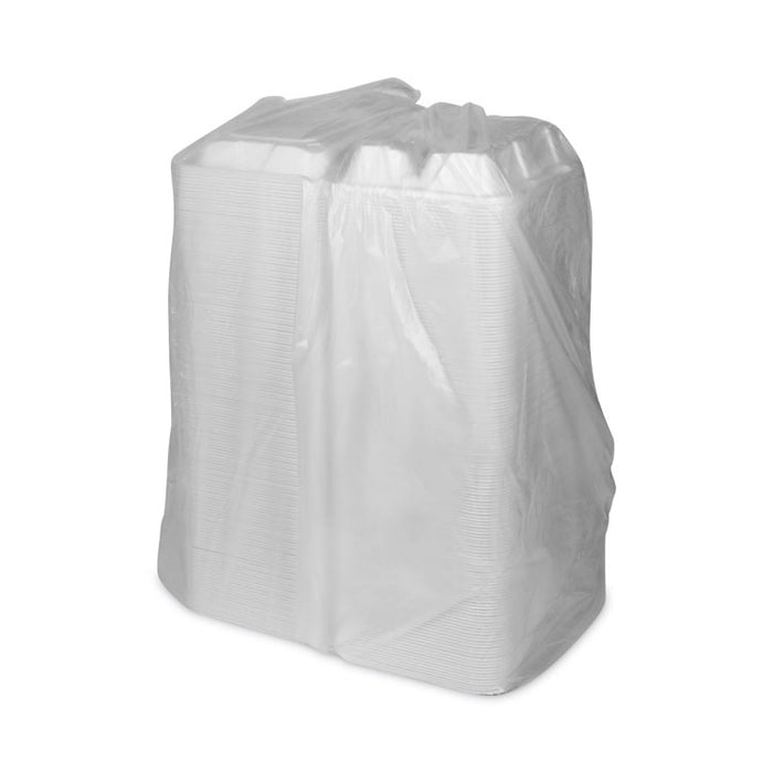 Vented Foam Hinged Lid Container, Dual Tab Lock Economy, 3 Compartments, 8.4 x 8 x 3, White, 150/Carton