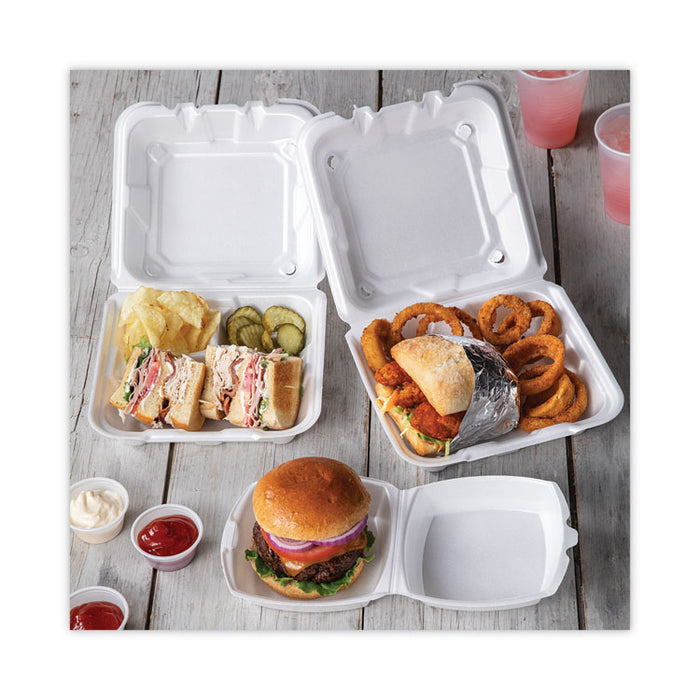 Vented Foam Hinged Lid Container, Dual Tab Lock, 8.4 x 8 x 3, White, 150/Carton