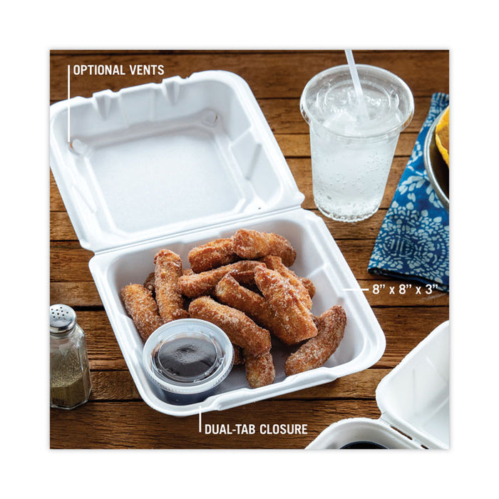 Vented Foam Hinged Lid Container, Dual Tab Lock, 8.4 x 8 x 3, White, 150/Carton