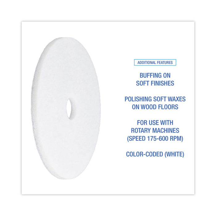 Polishing Floor Pads, 20" Diameter, White, 5/Carton