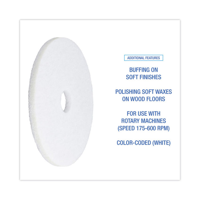 Polishing Floor Pads, 18" Diameter, White, 5/Carton