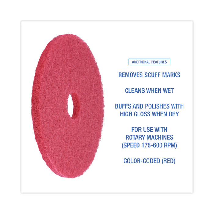 Buffing Floor Pads, 18" Diameter, Red, 5/Carton