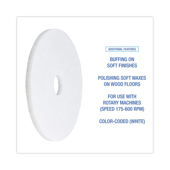 Polishing Floor Pads, 17" Diameter, White, 5/Carton