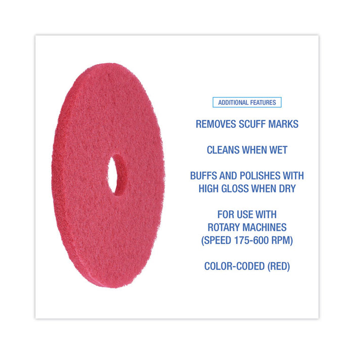 Buffing Floor Pads, 17" Diameter, Red, 5/Carton