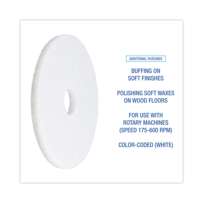 Polishing Floor Pads, 16" Diameter, White, 5/Carton
