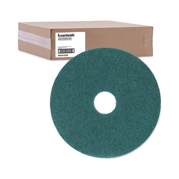 Heavy-Duty Scrubbing Floor Pads, 16" Diameter, Green, 5/Carton