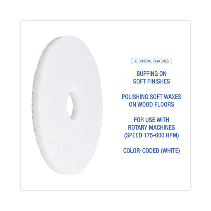 Polishing Floor Pads, 15" Diameter, White, 5/Carton