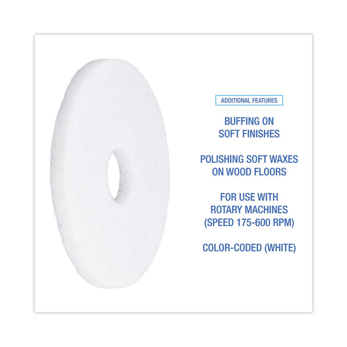 Polishing Floor Pads, 13" Diameter, White, 5/Carton