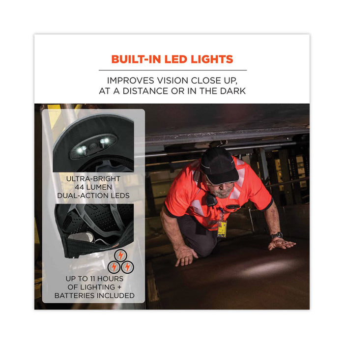 Skullerz 8965 Lightweight Bump Cap Hat with LED Lighting, Long Front Brim, One Size Fits Most, 0.01" Insert, Black