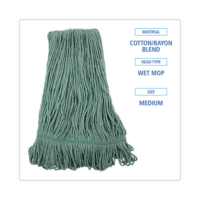 Narrowband Looped-End Mop Head, Premium Standard Head, Cotton/Rayon Fiber, Medium, Green, 12/Carton
