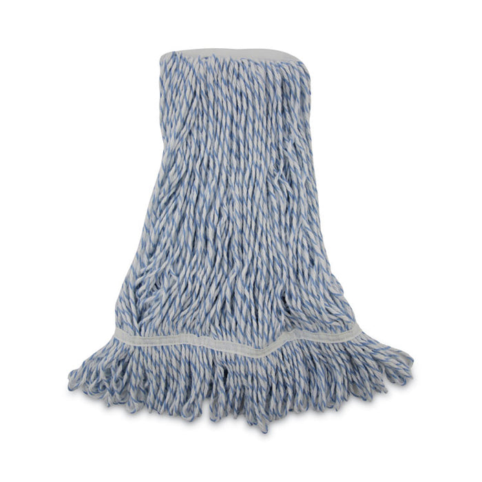 Floor Finish Mop Head, Narrow, Rayon/Polyester, Medium, White/Blue Stripes, 12/Carton