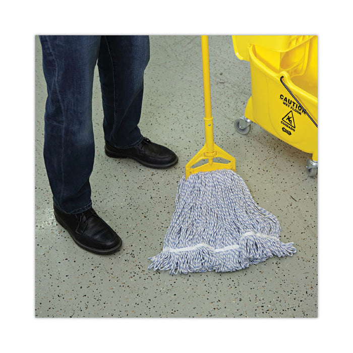 Floor Finish Mop Head, Narrow, Rayon/Polyester, Medium, White/Blue Stripes, 12/Carton