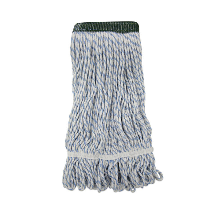 Floor Finish Mop Head, Wide, Rayon/Polyester, Medium, White/Blue Stripes, 12/Carton
