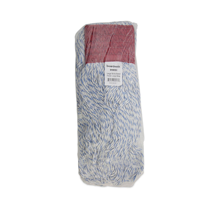 Floor Finish Mop Head, Wide, Rayon/Polyester, Large, White/Blue Stripes, 12/Carton