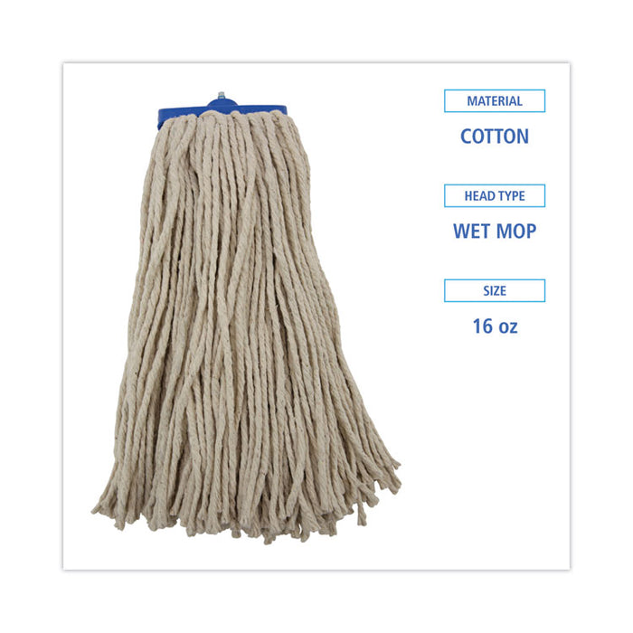 Cut-End Lie-Flat Wet Mop Head, Cotton, 16 oz, White, 12/Carton