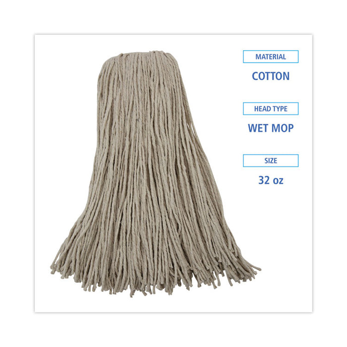 Mop Head, Economical Lie-Flat Head, Cotton Fiber, 32 oz, White, 12/Carton