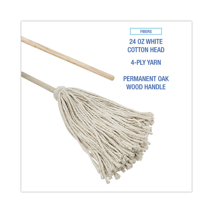 Cotton Deck Mop, #24 White Cotton Head, 50" Wood Handle, 6/Carton