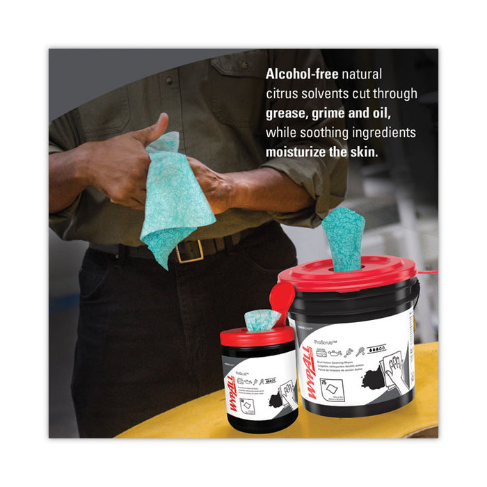 Power Clean ProScrub Pre-Saturated Wipes, 12 x 9.5, Citrus Scent, Green, 75/Pack