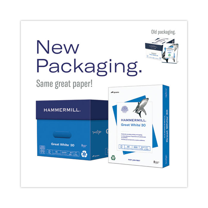 Great White 30 Recycled Print Paper, 92 Bright, 20 lb Bond Weight, 8.5 x 14, White, 500/Ream