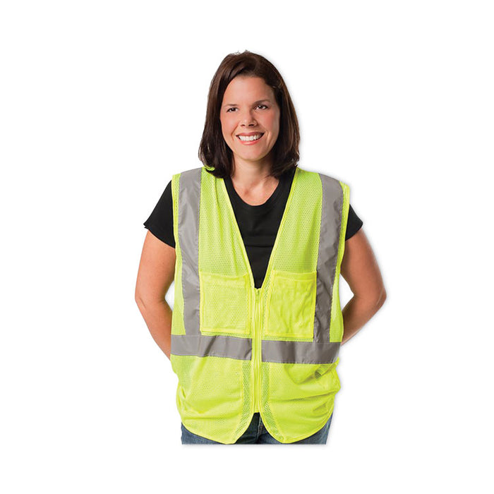 Zipper Safety Vest, Polyester Mesh, 2X-Large, Hi-Viz Lime Yellow