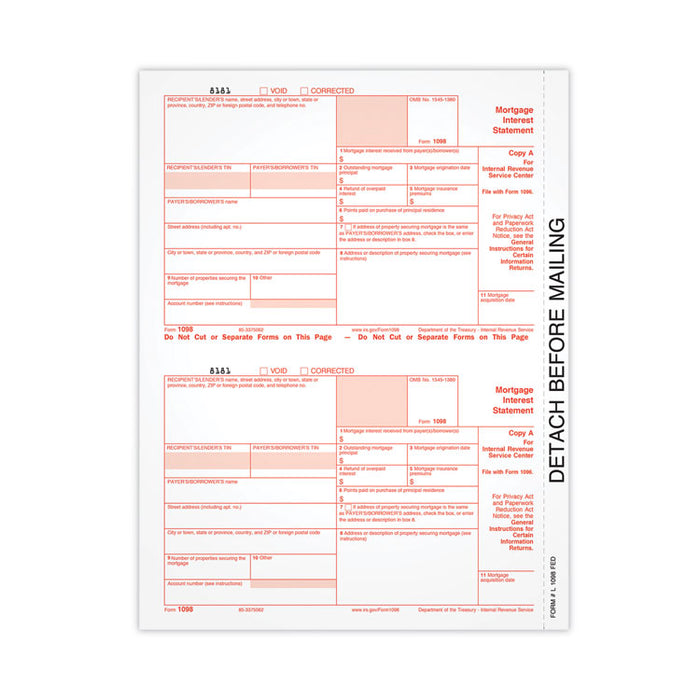 1098 Mortgage Interest Tax Form, Fiscal Year: 2021, One-Part (No Copies), 8 x 5.5, 2 Forms/Sheet, 50 Forms Total