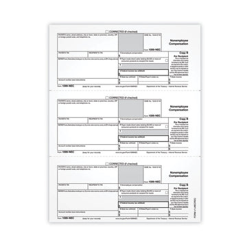 1099-NEC Tax Forms, Fiscal Year: 2021, One-Part (No Copies), 8.5 x 3.67, 3 Forms/Sheet, 50 Forms Total