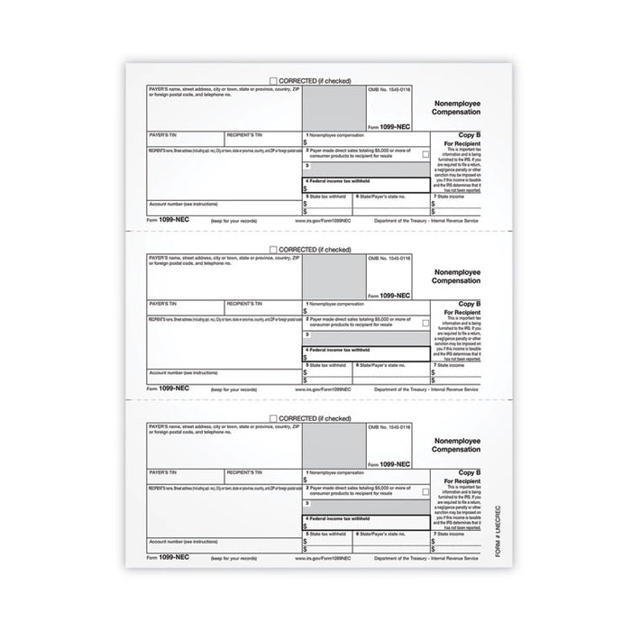 1099-NEC Tax Forms, Fiscal Year: 2021, One-Part (No Copies), 8.5 x 3.67, 3 Forms/Sheet, 50 Forms Total
