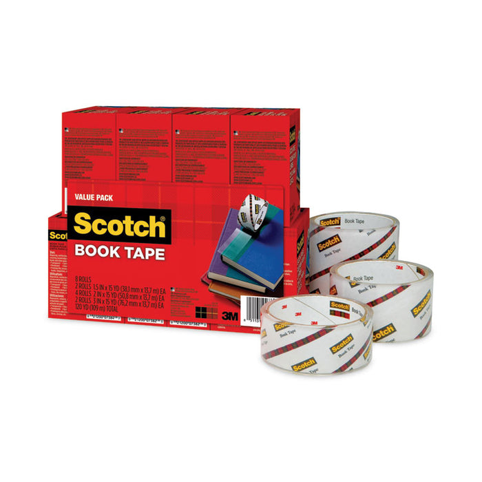 Book Tape Value Pack, 3" Core, (2) 1.5" x 15 yds, (4) 2" x 15 yds, (2) 3" x 15 yds, Clear, 8/Pack