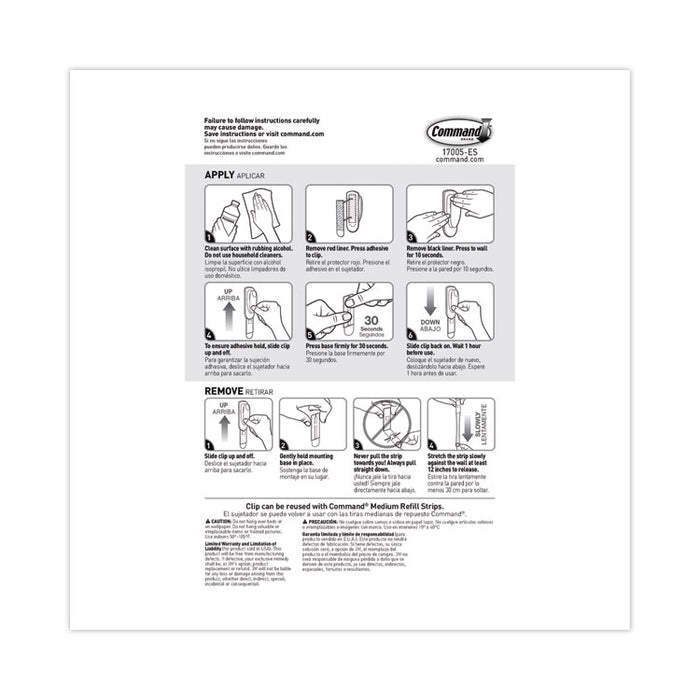 Spring Hook, Plastic, White, 0.25 lb Capacity, 1 Hook and 2 Strips/Pack