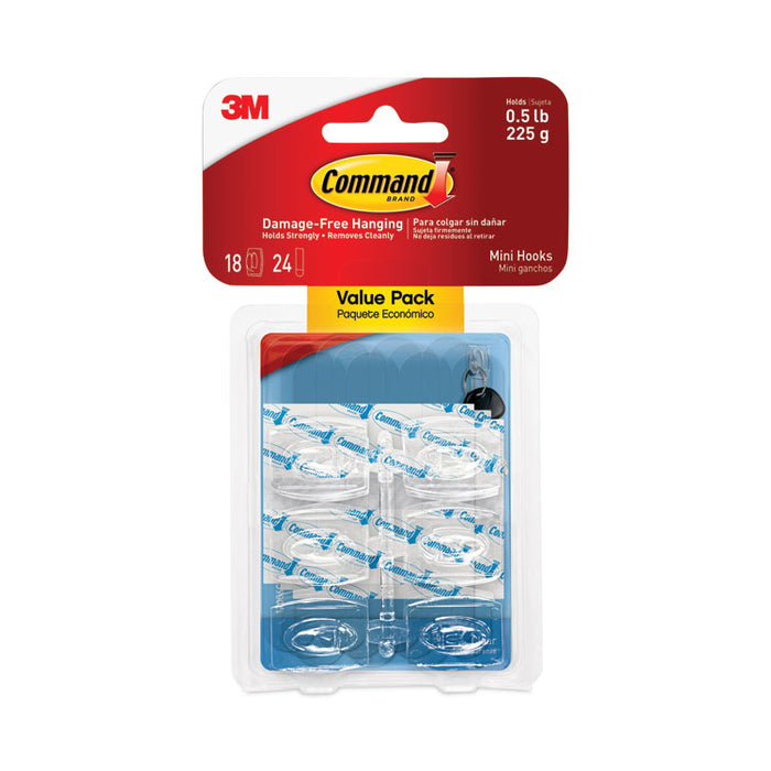Mini Clear Hooks, Plastic, Supports 0.5 lb, 18/Pack